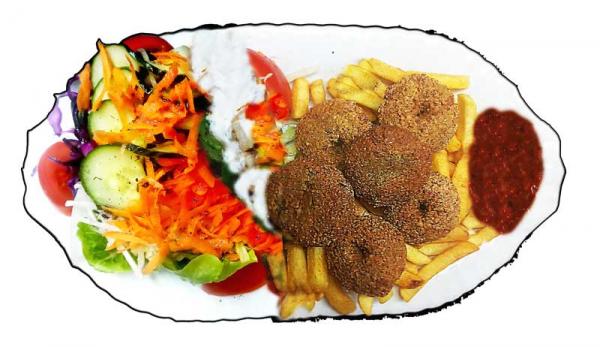 Unsere würzigen Falafel-Bällchen mit Pommes frites und frischem Salat. Gesund