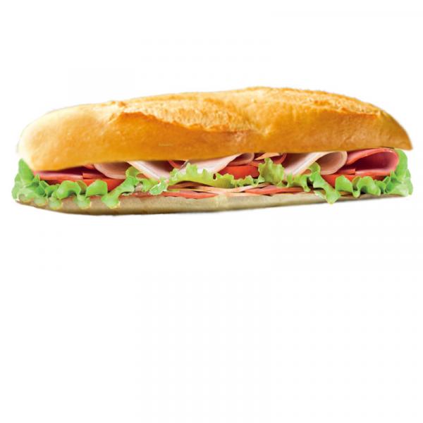 Unser saftiges Schinken Baguette mit frischem Salat und hausgemachter Sauce. Ein Klassiker, der immer schmeckt. Jetzt online bestellen!