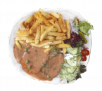 Schnitzel Bayern mit Braten Sauce und Zwiebeln
